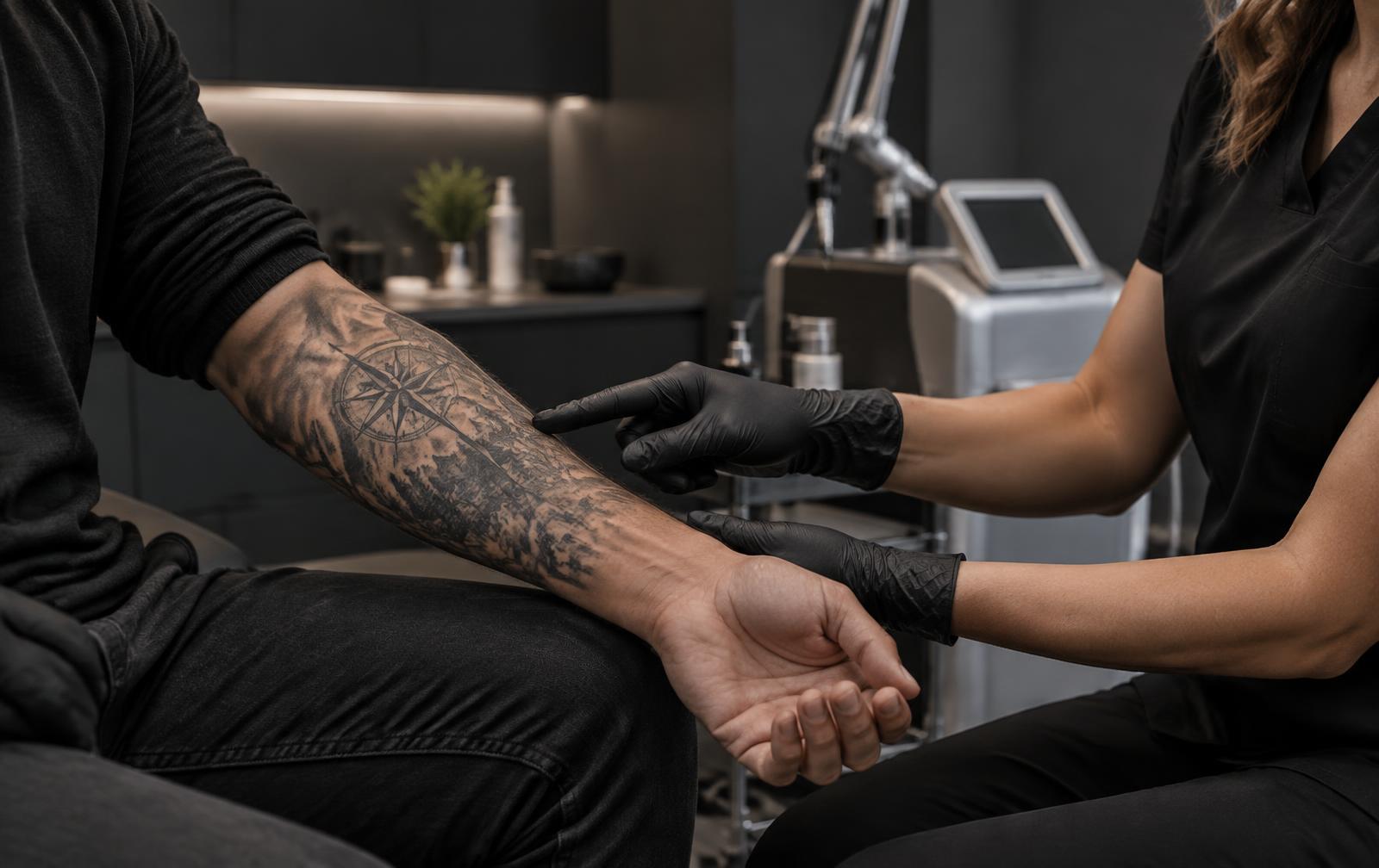 Profissional avaliando uma tatuagem durante uma consulta clínica